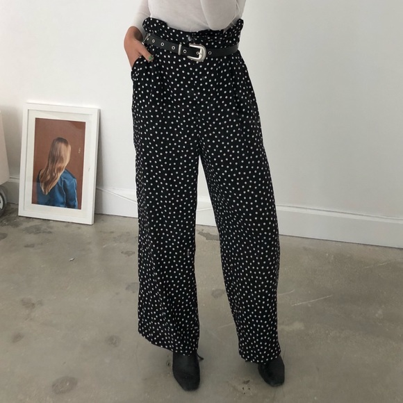 Zara Pants - Paperbag Waist Micro Polka Dot Black White Pants